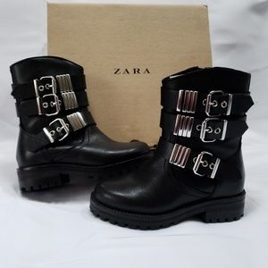 Zara Girls Leather Buckle Biker Moto Boots Boot